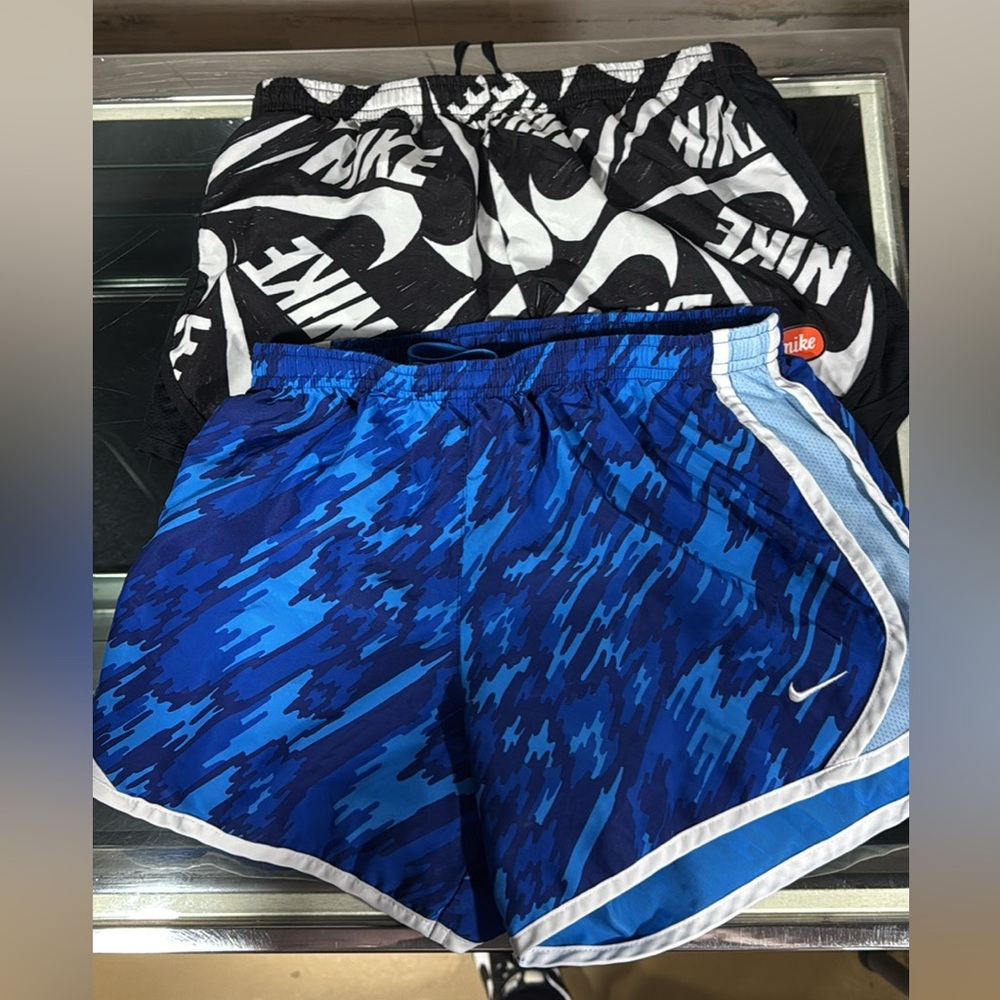 Pair Nike Blue Camo Athletic Shorts with White Trim